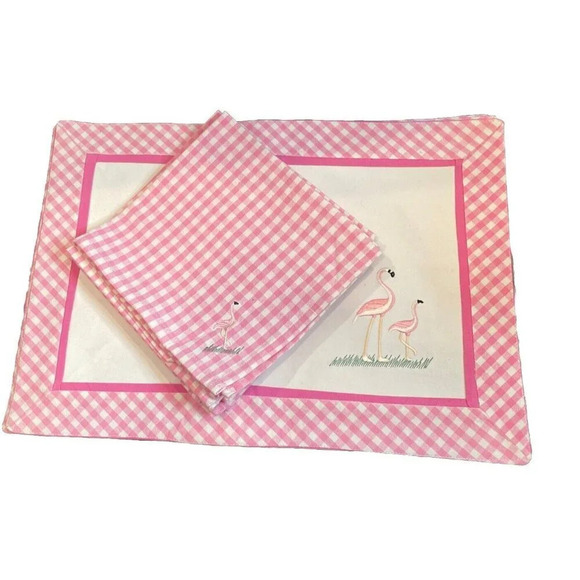 Pink Gingham Flamingo Placemats W/Cloth Napkins Set Of 8 Cotton Beach Summer - Picture 1 of 7